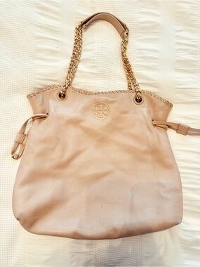 Tory Burch Blush Pebbled Leather Shoulder Tote with Gold Chain
